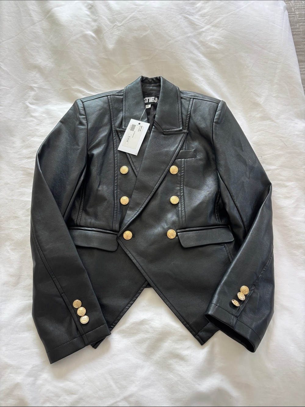 Katie J Black Faux Leather Blazer with Gold Buttons